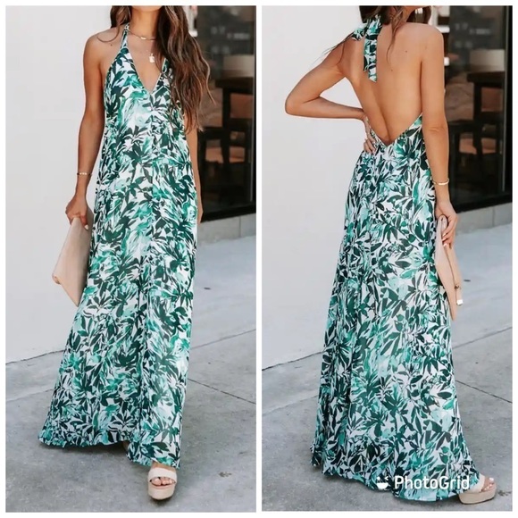 VICI Lewyn Green Floral Print Halter Backless Maxi Dress - Picture 1 of 10